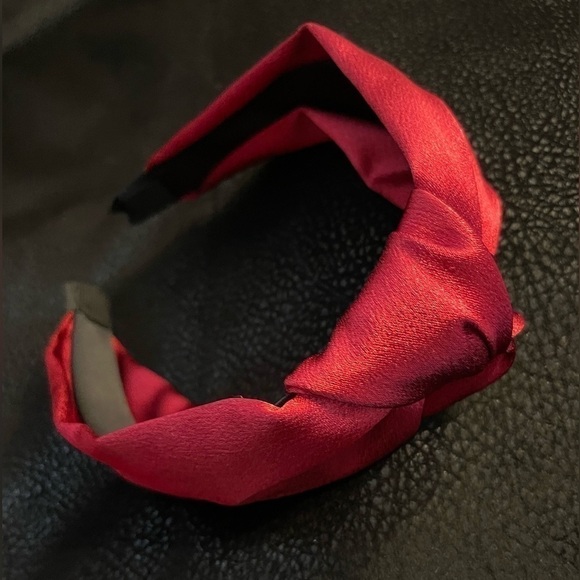 RUBY Red Sateen Shimmer Knotted Headband. - Picture 3 of 7